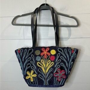 Floral Embroidered Tote Bag - Black and Multicolor